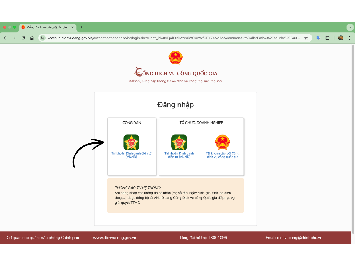 Đăng nhập dịch vụ công quốc gia
