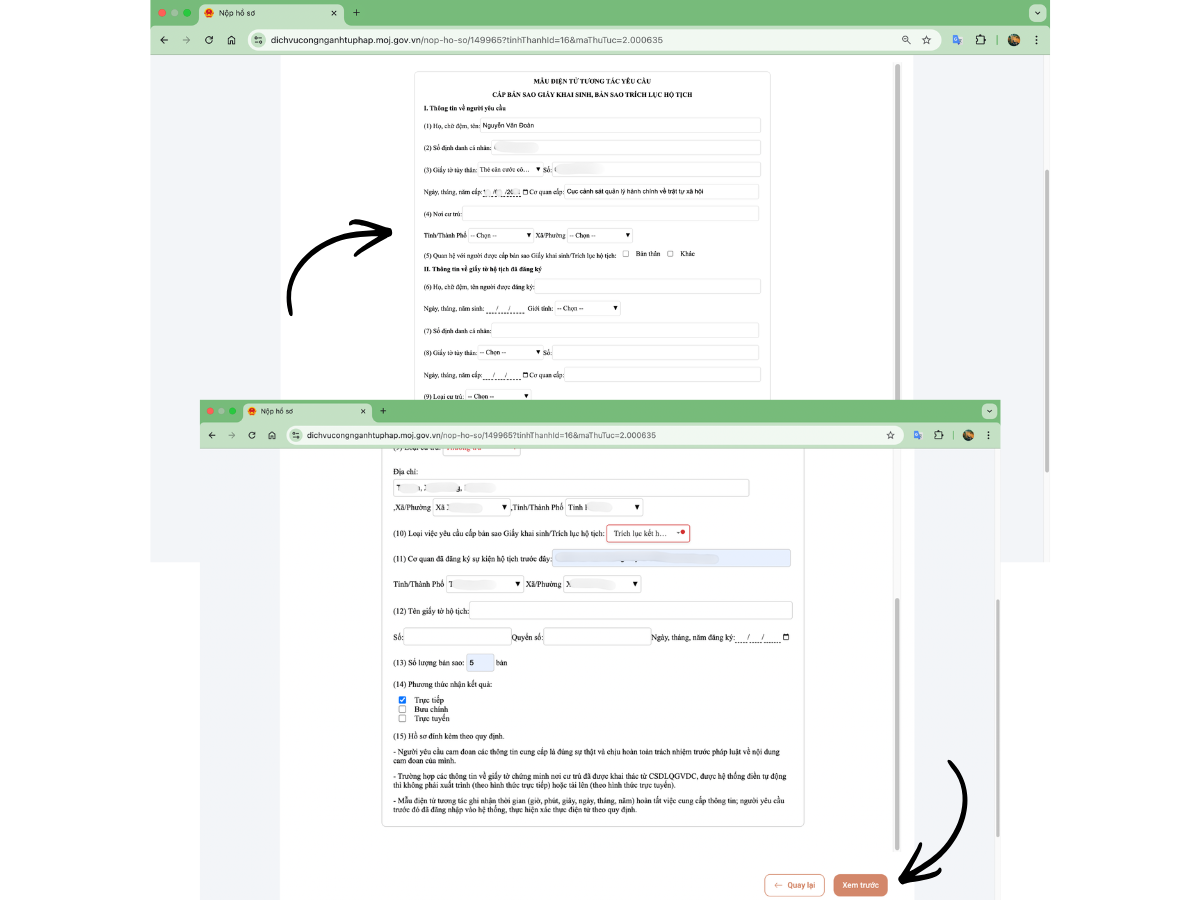 Tờ khai trích lục kết hôn online