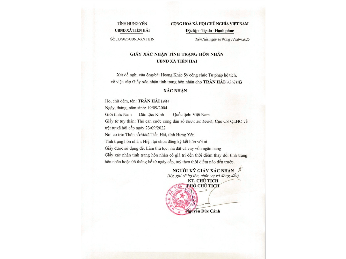 Xin xác nhận tình trạng hôn nhân online