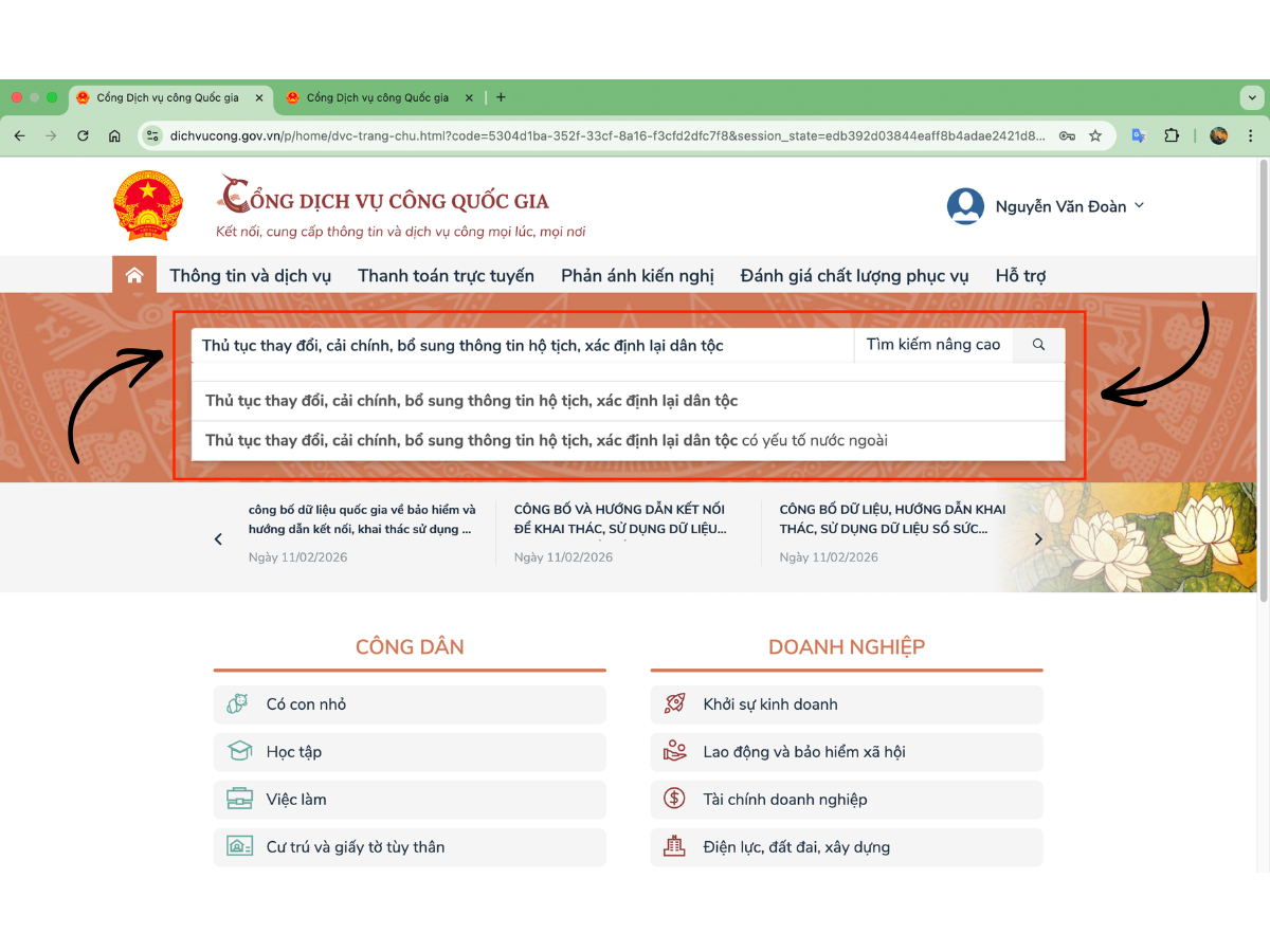 Cải chính đăng ký kết hôn online