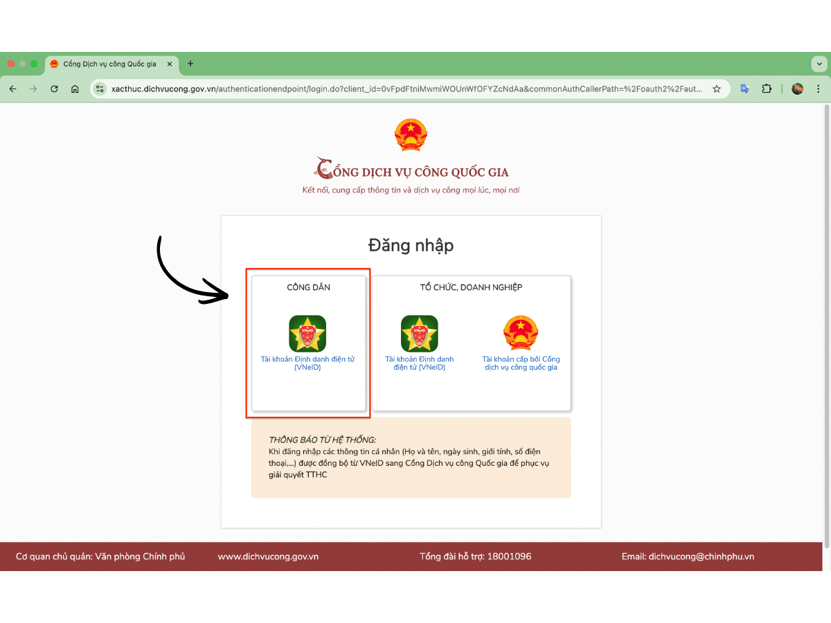 Đăng nhập tài khoản dịch vụ công quốc gia