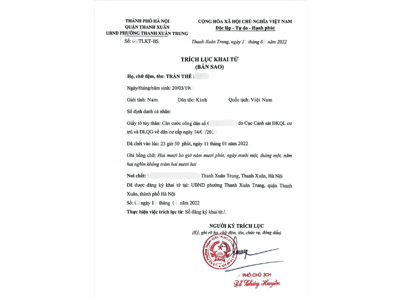 Xin trích lục khai tử online
