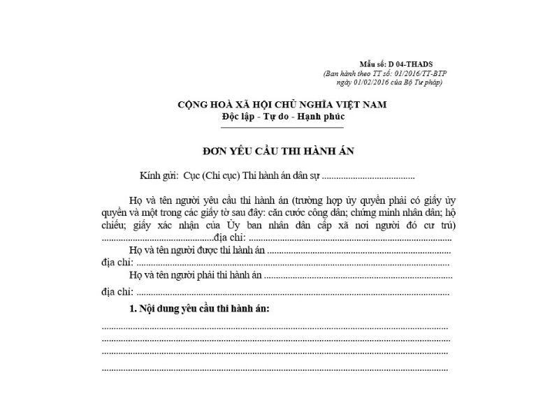 Đơn yêu cầu thi hành án cấp dưỡng 