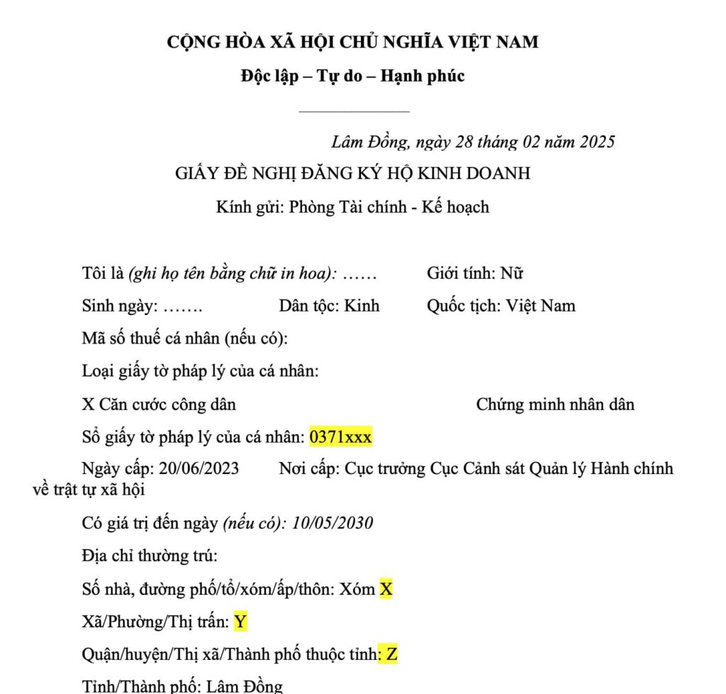 Cách điền giấy đề nghị đăng ký hộ kinh doanh