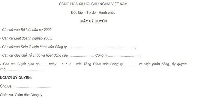 Mẫu ủy quyền công ty cho cá nhân