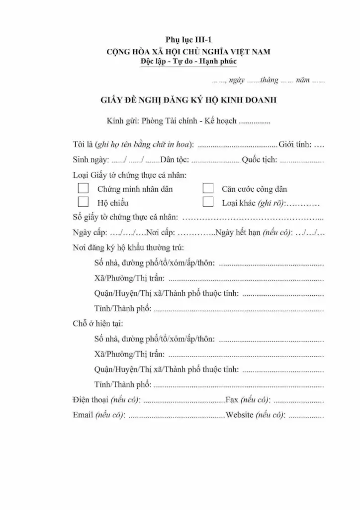 Tải mẫu đăng ký hộ kinh doanh cá thể mới nhất cho khu vực Hà Nội
