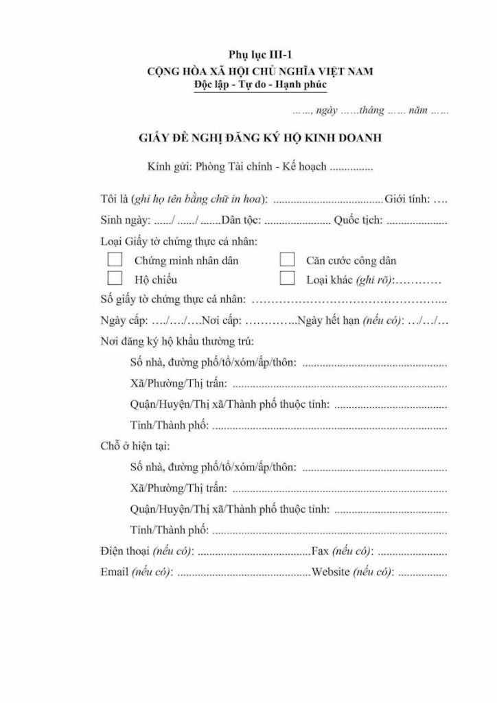 Mẫu giấy đăng ký kinh doanh hộ cá thể