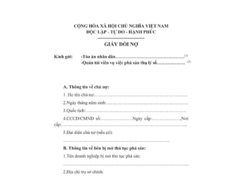 Mẫu giấy đòi nợ theo luật phá sản